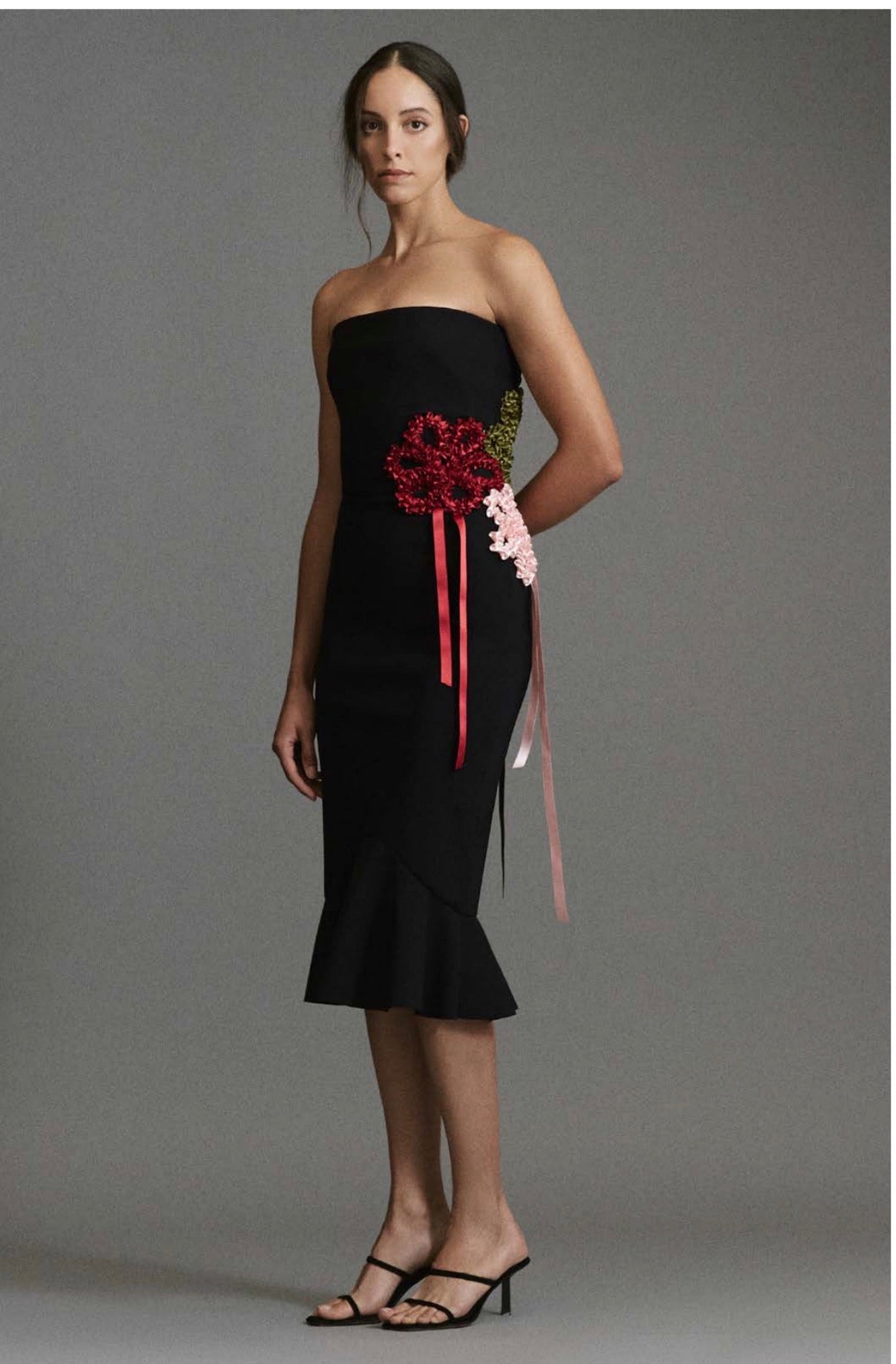 Greta Constantine Gannatch Strapless Ribbon-Trim Midi Dress w/ Flounce Black