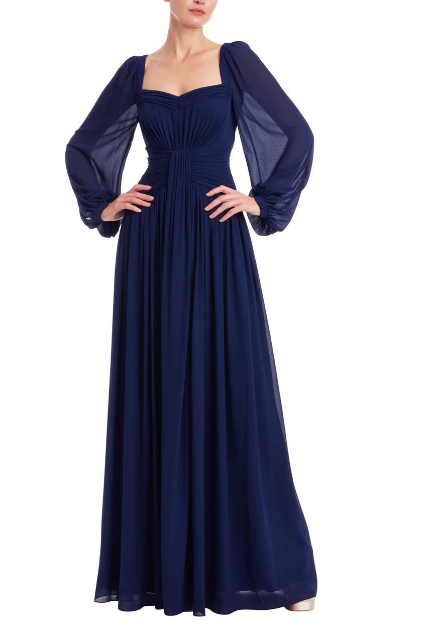 Robe Badgley Mischka plissée à décolleté cœur et manches évêque