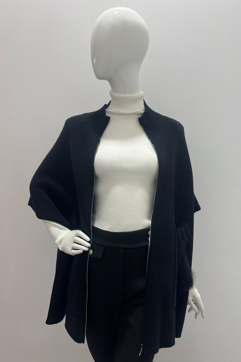 Mitchie's Zip Up Knit Cape With Fox Trim Pockets