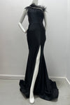 Jessica Angel One Shoulder Crystal Embellished Trim With Ostrich Feathers Form Fitting Gown With Left High Slit