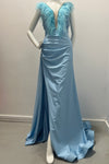 Jessica Angel V Neck/V Back Rhinestone Trimmed W/Ostrich Feathers Gown With Ruching And Slit