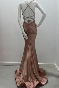 Jessica Angel Spaghetti Straps With Lace Up Back Low V Back With Ruching Form Fitting Gown With High Right Side Slit