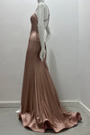 Jessica Angel Spaghetti Straps With Lace Up Back Low V Back With Ruching Form Fitting Gown With High Right Side Slit