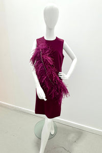 Catherine Regehr Sleeveless Jewel Neck Arak Dress W/ Narrow Plume & Crystals Plum