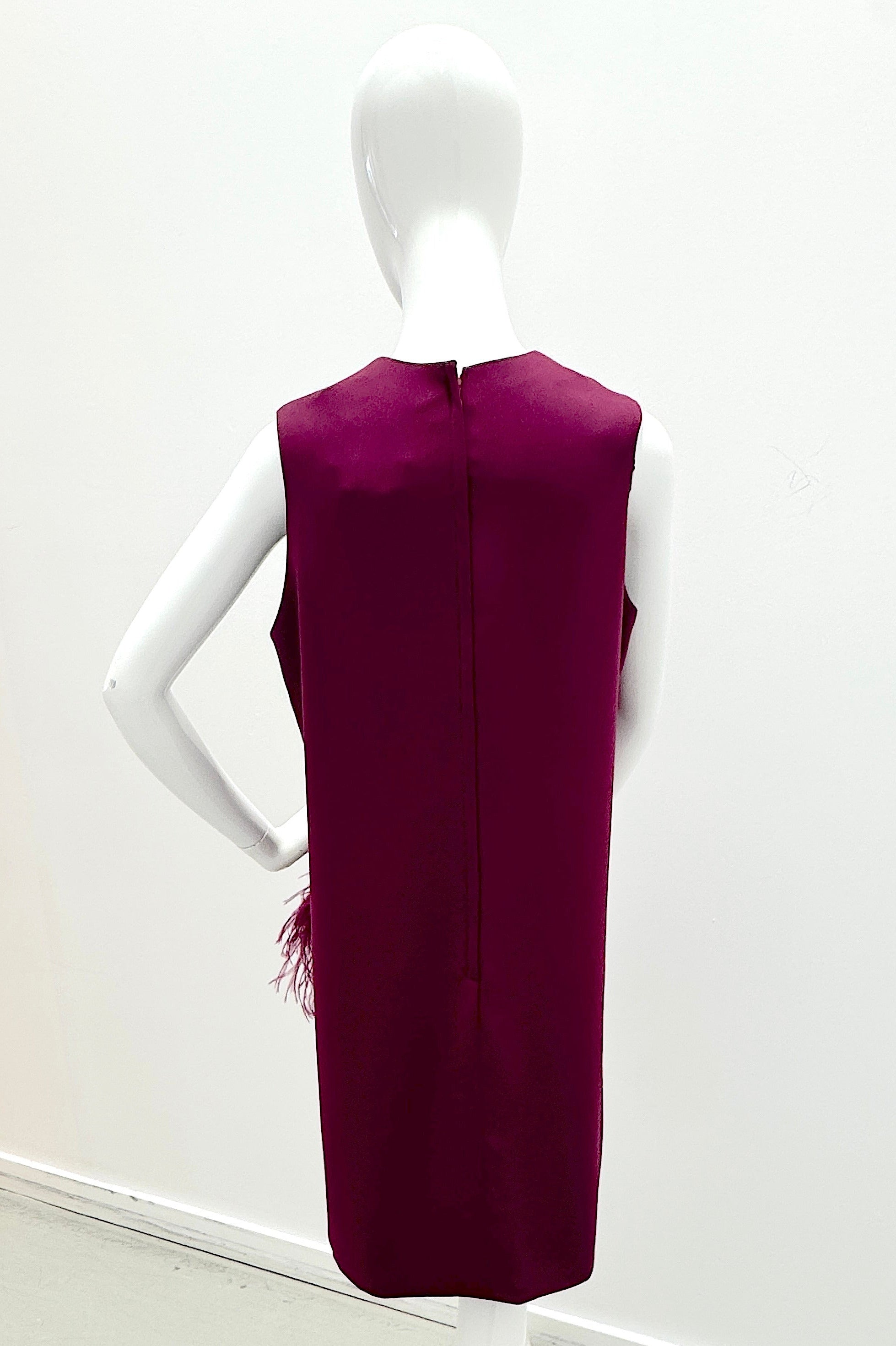Catherine Regehr Sleeveless Jewel Neck Arak Dress W/ Narrow Plume & Crystals Plum