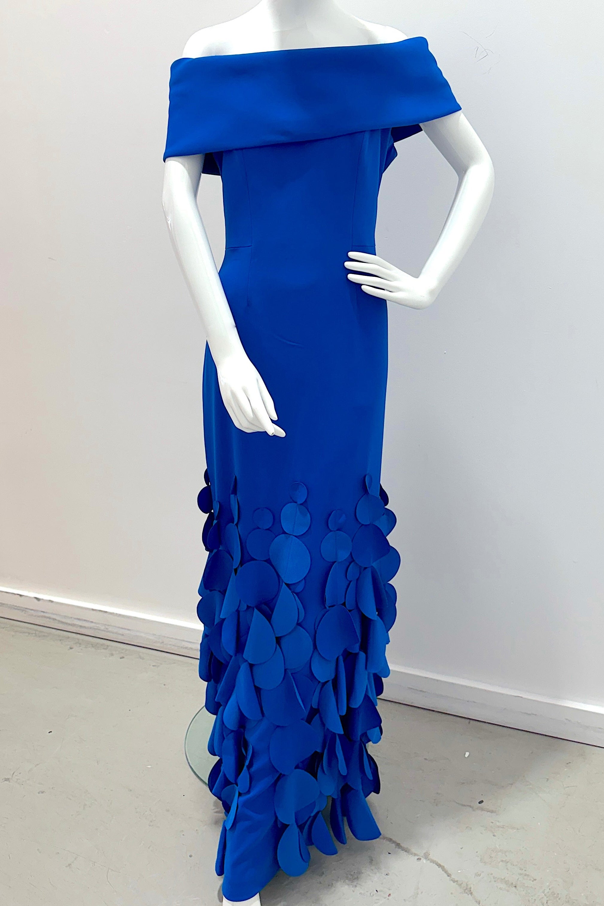 Catherine Regehr Off Shoulder Roll Collar Gown with Swinging Discs on Hem - Slim Floor Bright Cobalt