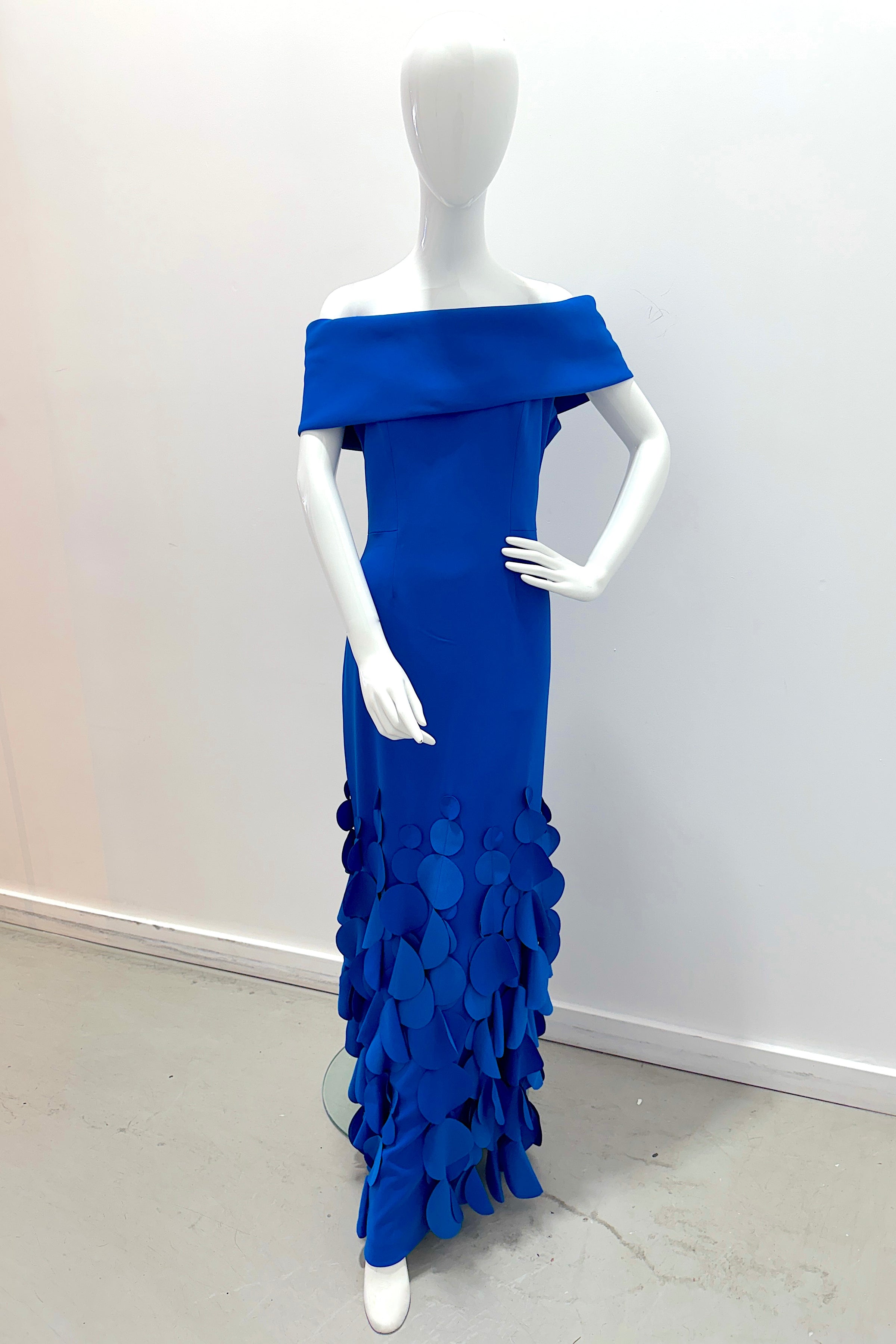 Catherine Regehr Off Shoulder Roll Collar Gown with Swinging Discs on Hem - Slim Floor Bright Cobalt