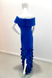 Catherine Regehr Off Shoulder Roll Collar Gown with Swinging Discs on Hem - Slim Floor Bright Cobalt