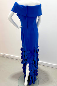 Catherine Regehr Off Shoulder Roll Collar Gown with Swinging Discs on Hem - Slim Floor Bright Cobalt