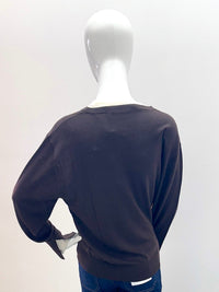 White + Warren Superfine Merino V-Neck Dark Cacao/Ivory Trim