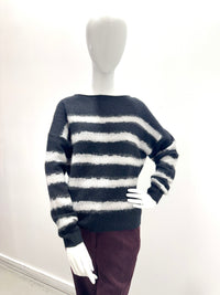 Majestic Filatures Merino Fox Stripe Knit Long-Sleeve Boatneck Sweater Noir
