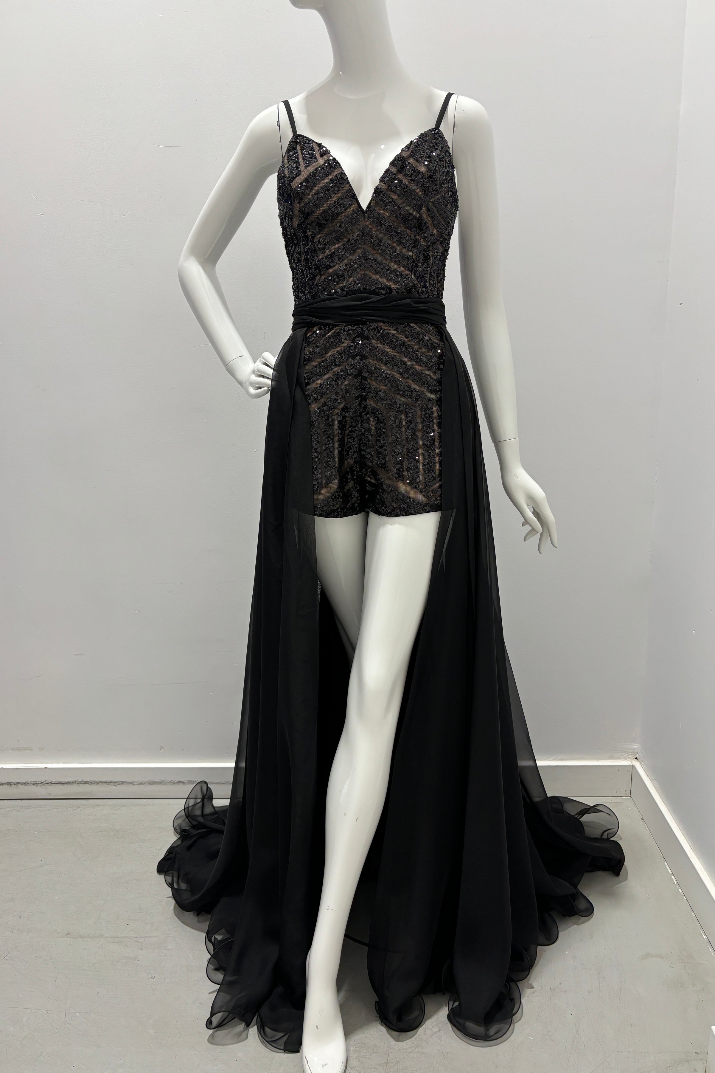 black dress jovani Jovani Embellished Romper With Overskirt Black Gown – Très Chic