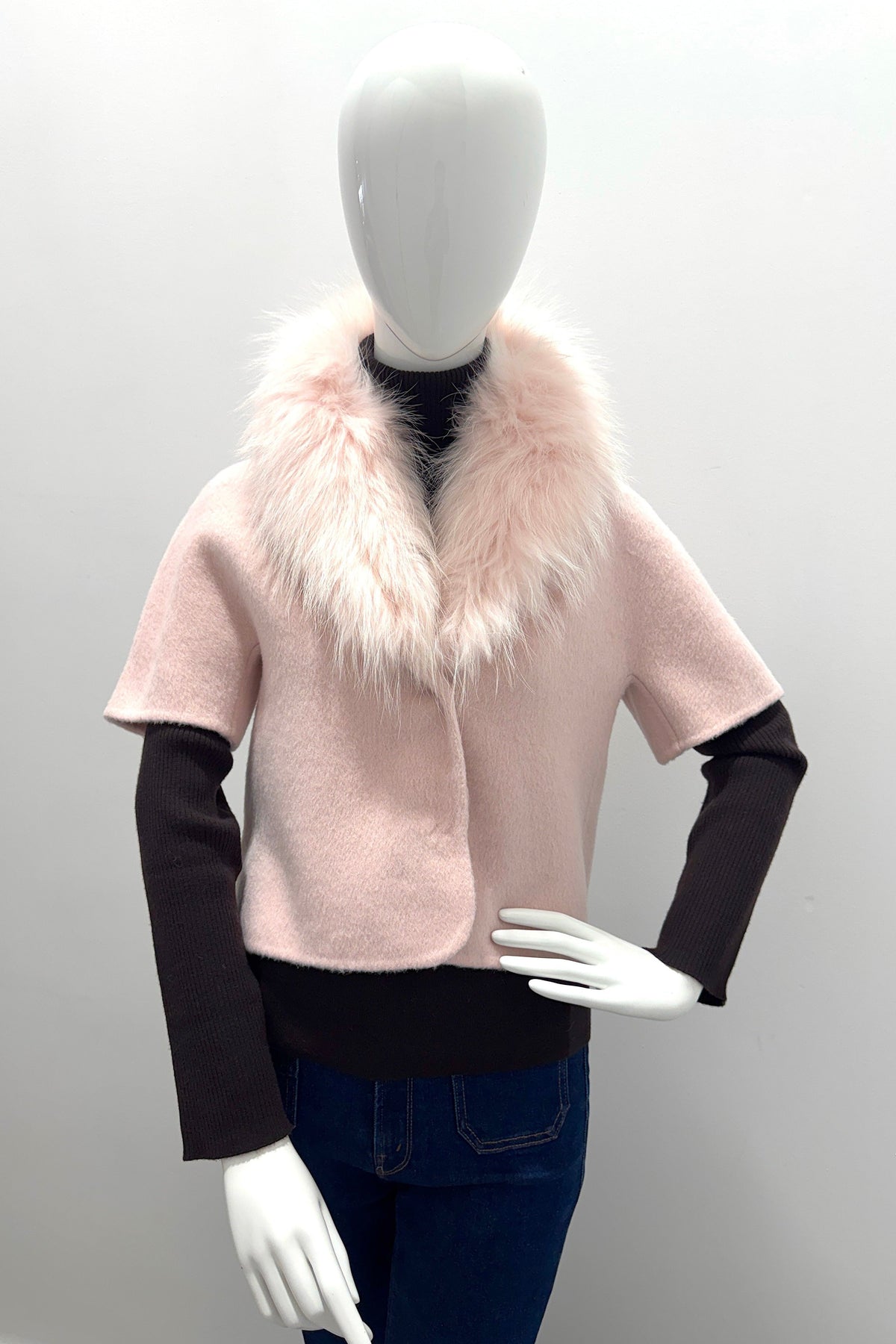 Veste en cachemire à manches courtes PLT6203 Pissenlit avec col en fourrure Blush