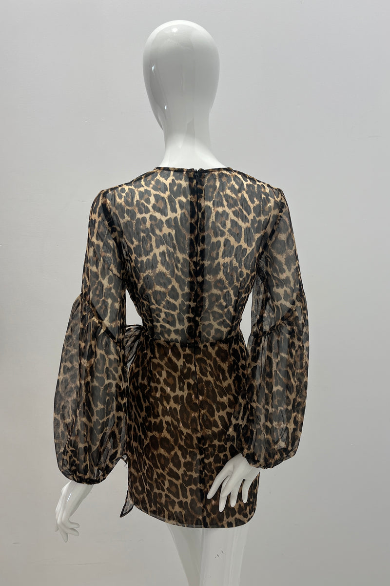 LACE The Label Sheer Leopard Print Mini Dress with Tie Belt