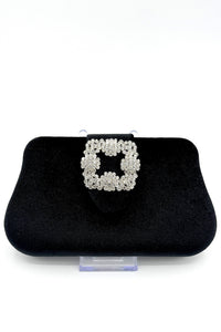 Velvet Clutch With Square Crystal Piece Black