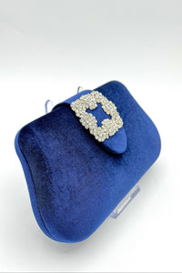 Velvet Clutch With Square Crystal Piece Blue