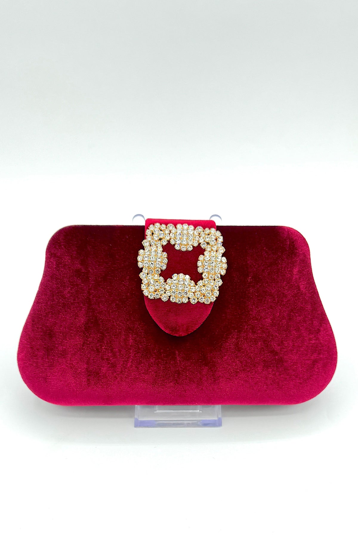 Velvet Clutch With Square Crystal Piece Red