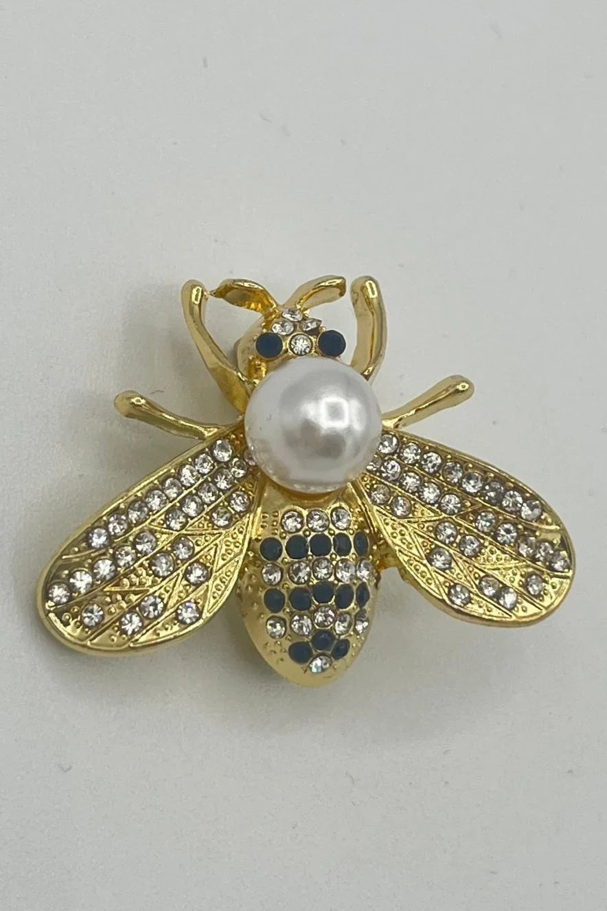 Tres Chic Bee Broach with White Rhinestones and Pearl - Silver