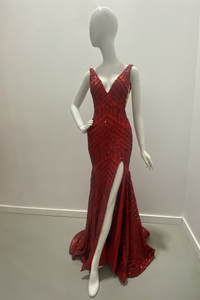 Sequin Pattern V Neck Gown