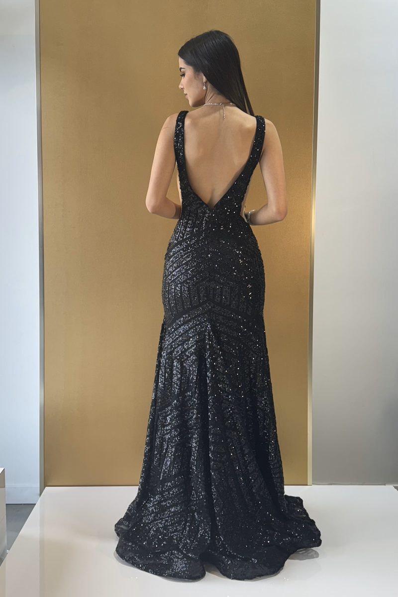 Sequin Pattern V-Neck Gown