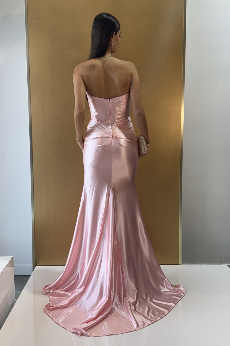 Satin Bustier Gown With Side Slit