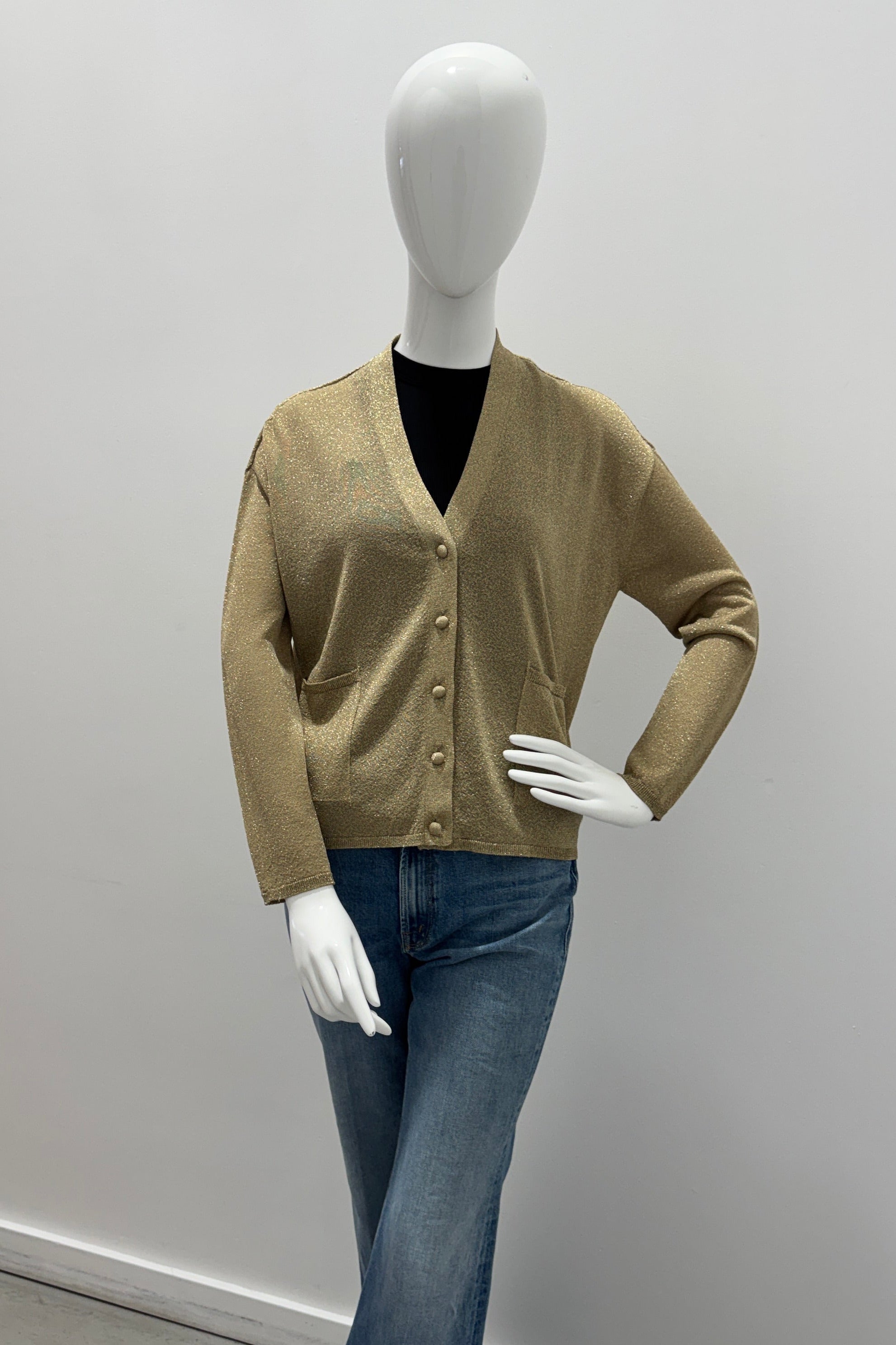Cardigan semi-décontracté à manches longues en maille métallique Majestic Filatures or antique métallique
