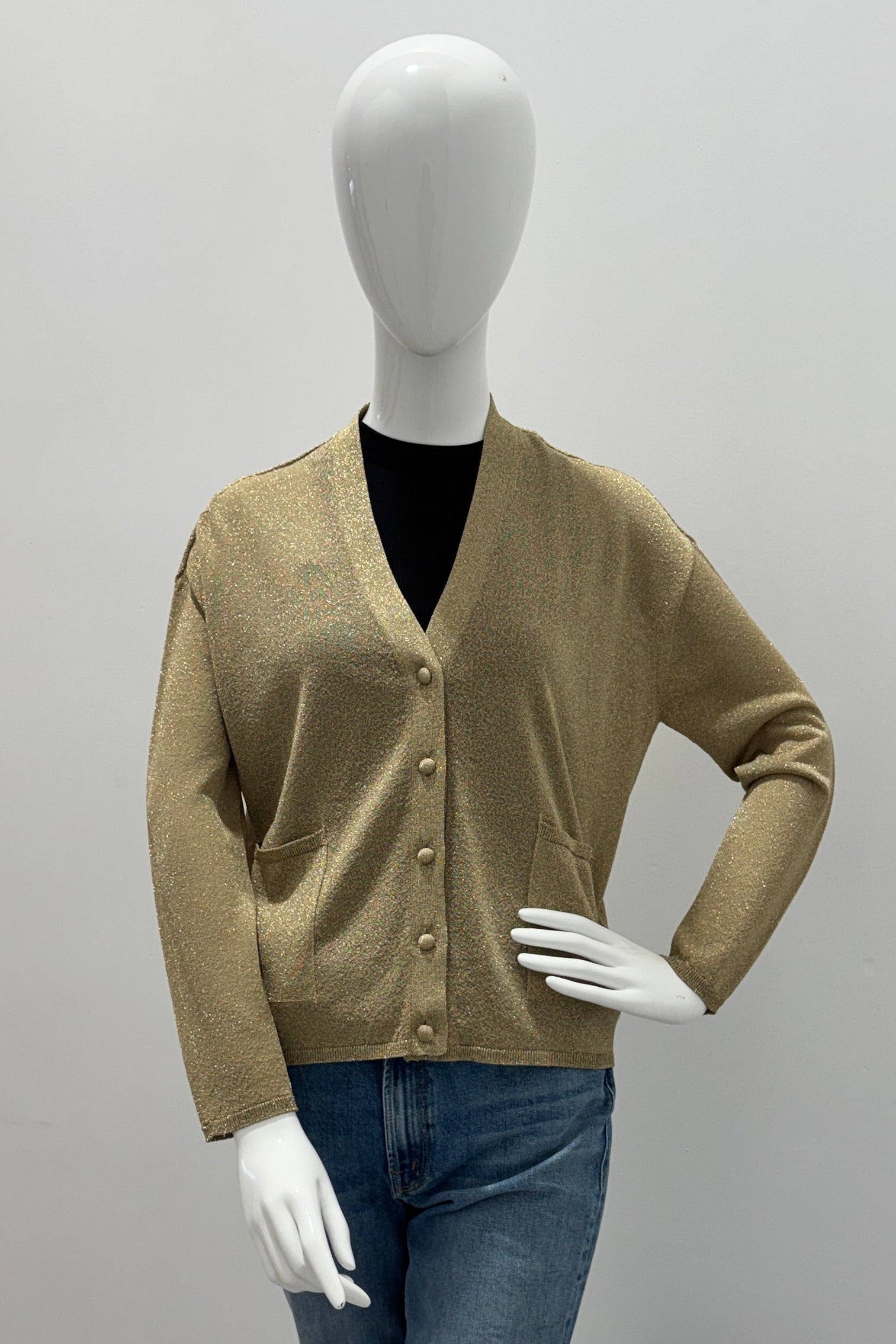 Cardigan semi-décontracté à manches longues en maille métallique Majestic Filatures or antique métallique