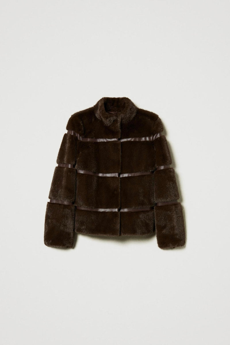 Twinset Short Faux Fur Coat with Inlays