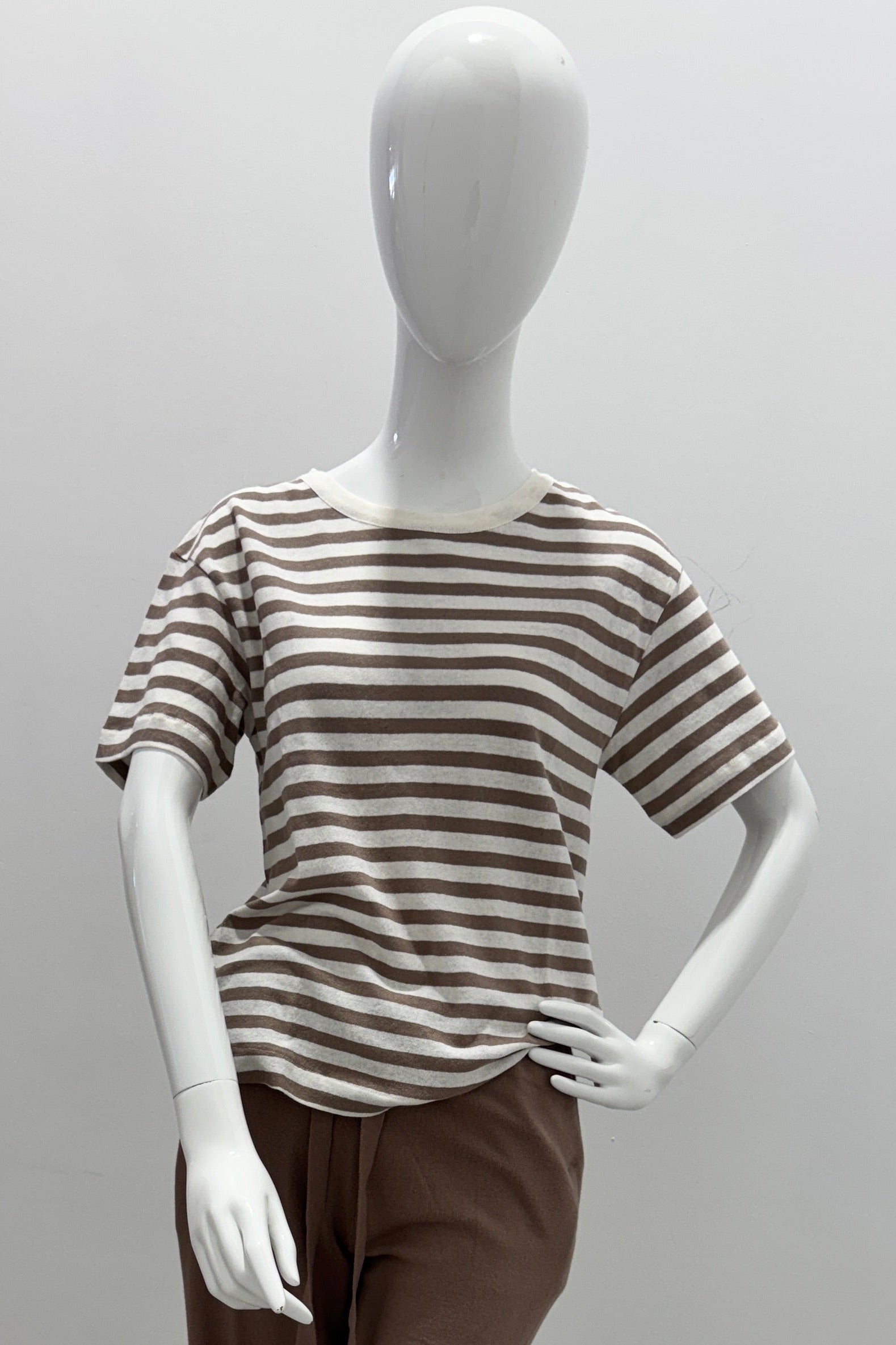 Majestic Filatures Cotton Linen Novelty Stripe S/S Crewneck Coffee Latte