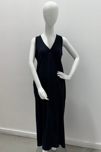 Débardeur maxi Majestic Filatures en coton et lin, col en V, dos plissé, marine