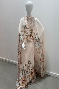 2 ITEMS ENSEMBLE Hemant & Nandita Bias Maxi Dress Beige AND High Low Cape Beige Ensemble