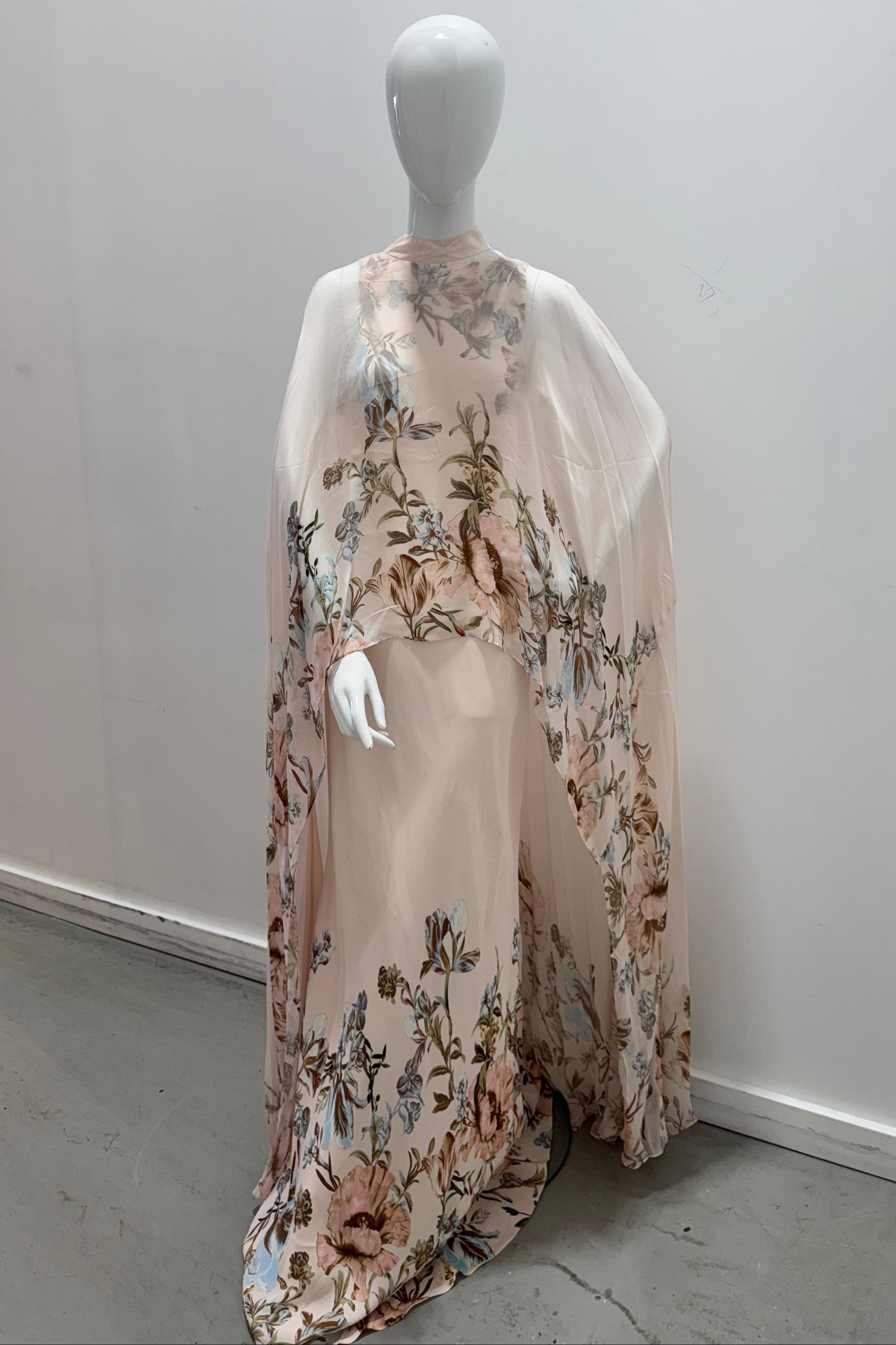 2 ITEMS ENSEMBLE Hemant & Nandita Bias Maxi Dress Beige AND High Low Cape Beige Ensemble