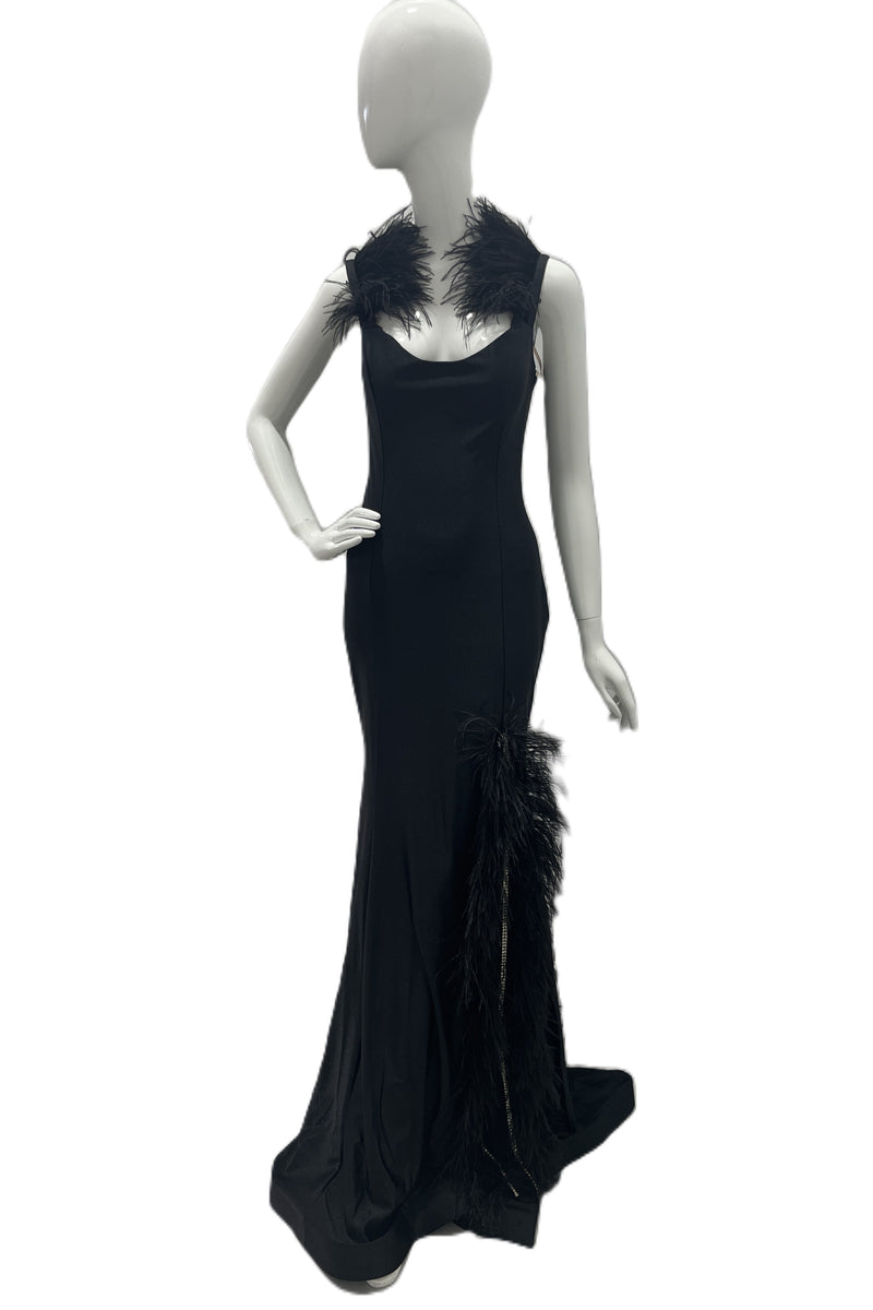 Jessica Angel On The Shoulder Ostrich Feather Trim Form Fitting High Slit Trimmed With Rhinestones And Ostrich Feathers Gown