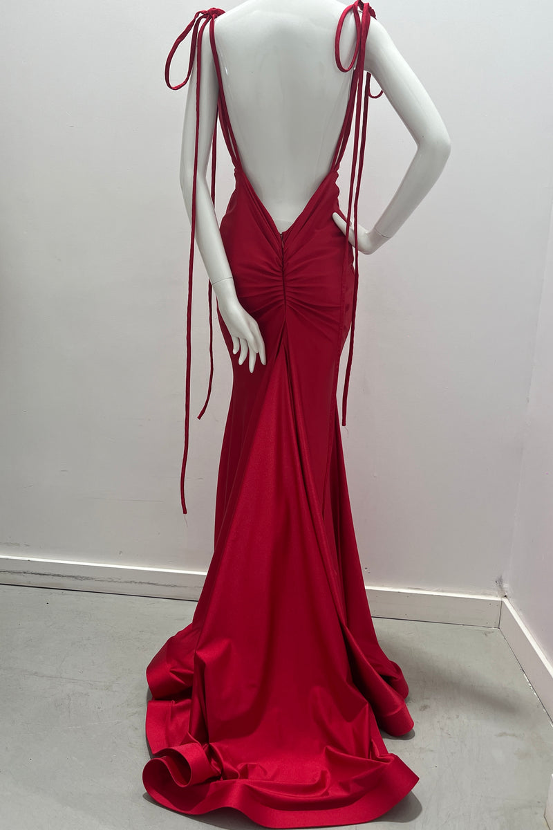 Jessica Angel Halter Spaghetti Straps Low Back With Ruching Form Fitting Gown