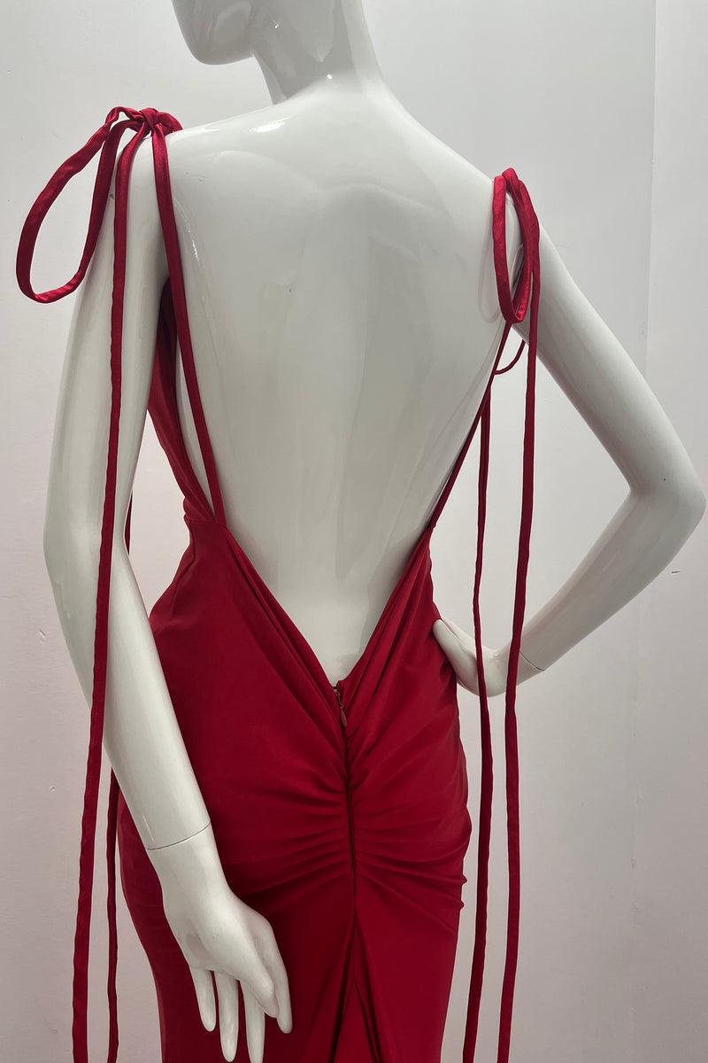 Jessica Angel Halter Spaghetti Straps Low Back With Ruching Form Fitting Gown