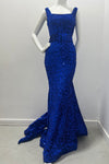 Jessica Angel Wide Straps Sequin Form Fitting Gown With Detachable Cummerbund Style Big Bow