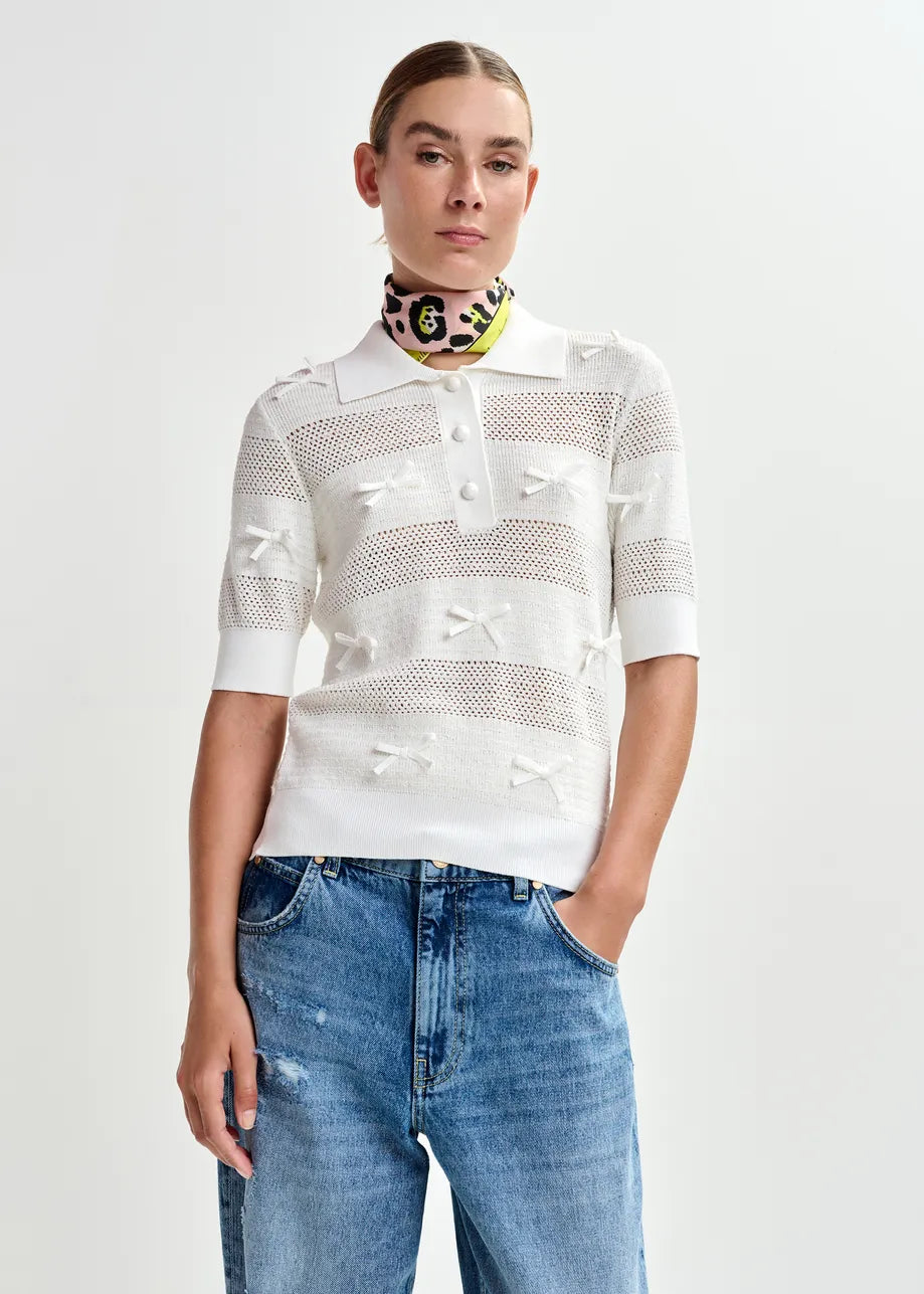 Essentiel Antwerp Jarts Off-White Bow-Embellished Knit Polo
