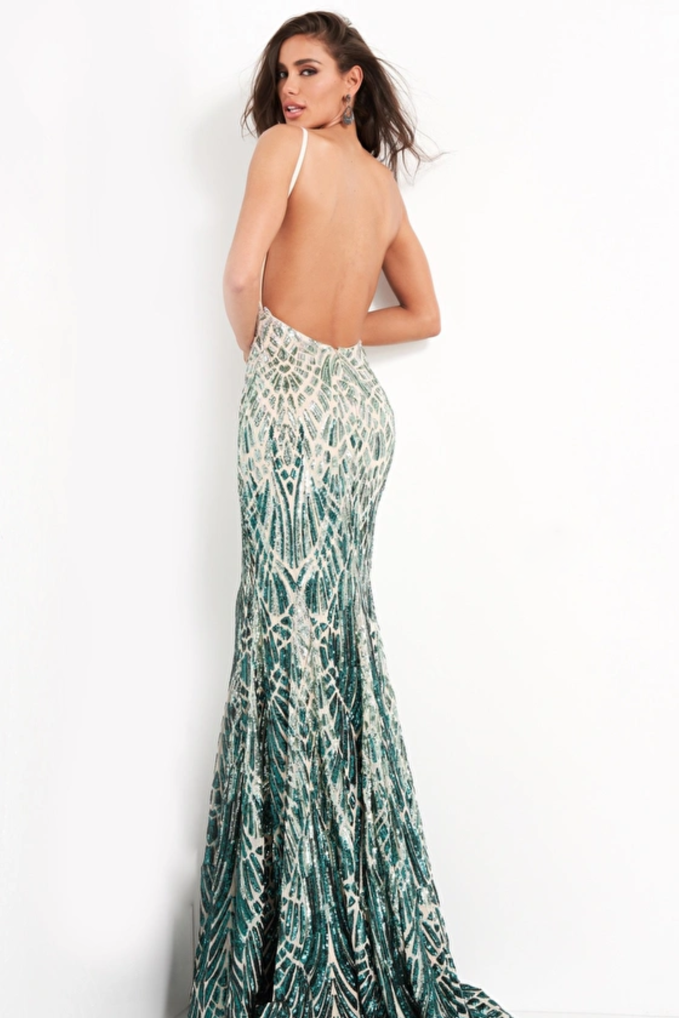 Jovani Silver Emerald Backless Sequin Dress