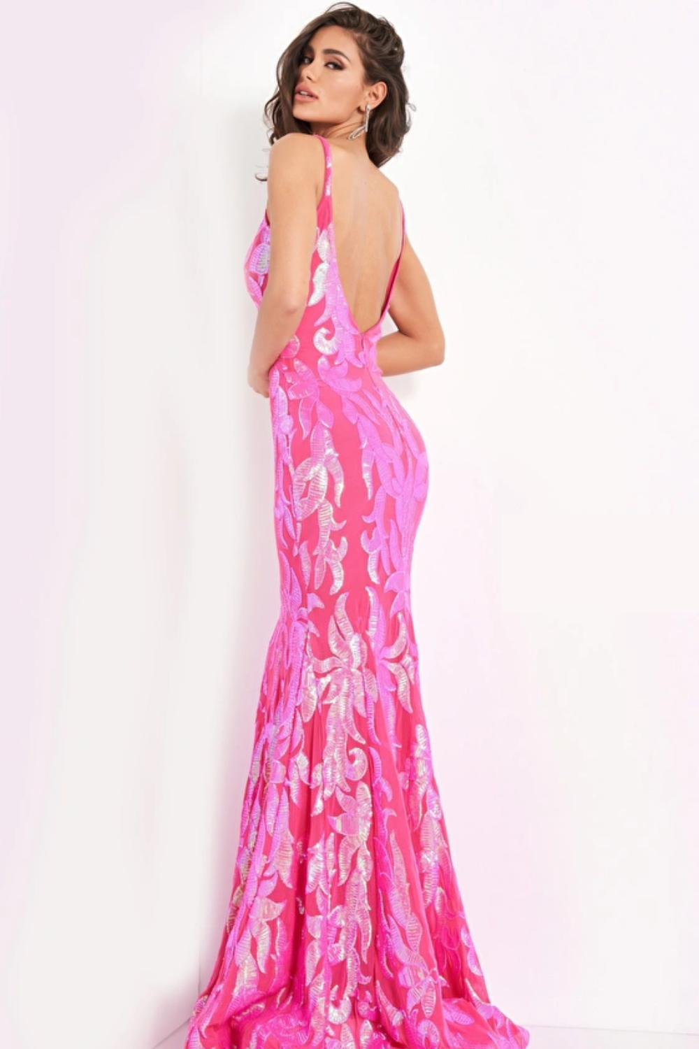 Jovani Sequin Embellished Low V-Neck Gown with Train