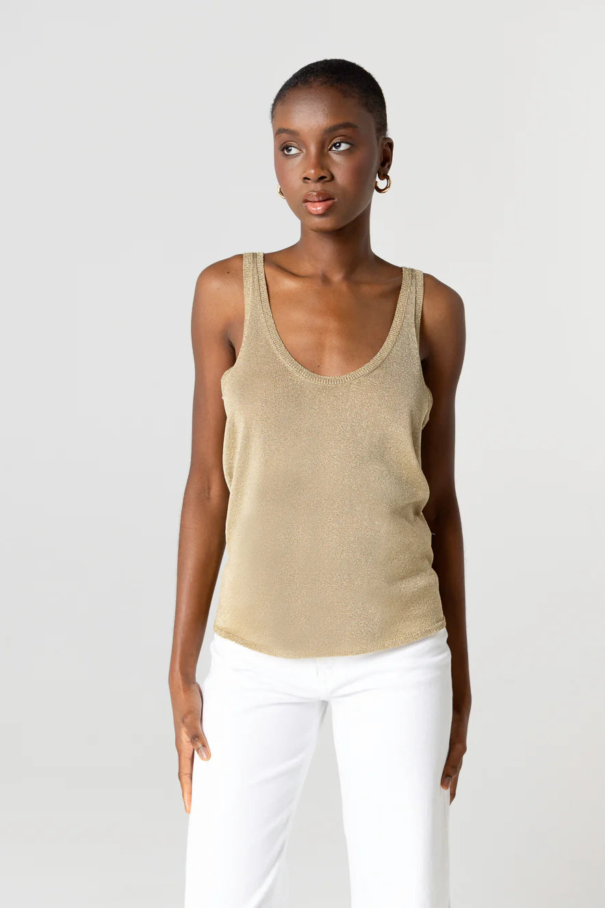 Débardeur à double encolure arrondie en maille métallique Majestic Filatures Or antique