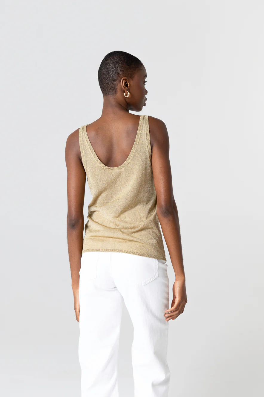 Débardeur à double encolure arrondie en maille métallique Majestic Filatures Or antique