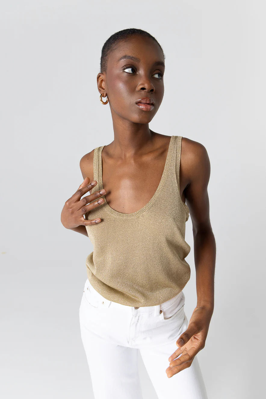 Débardeur à double encolure arrondie en maille métallique Majestic Filatures Or antique