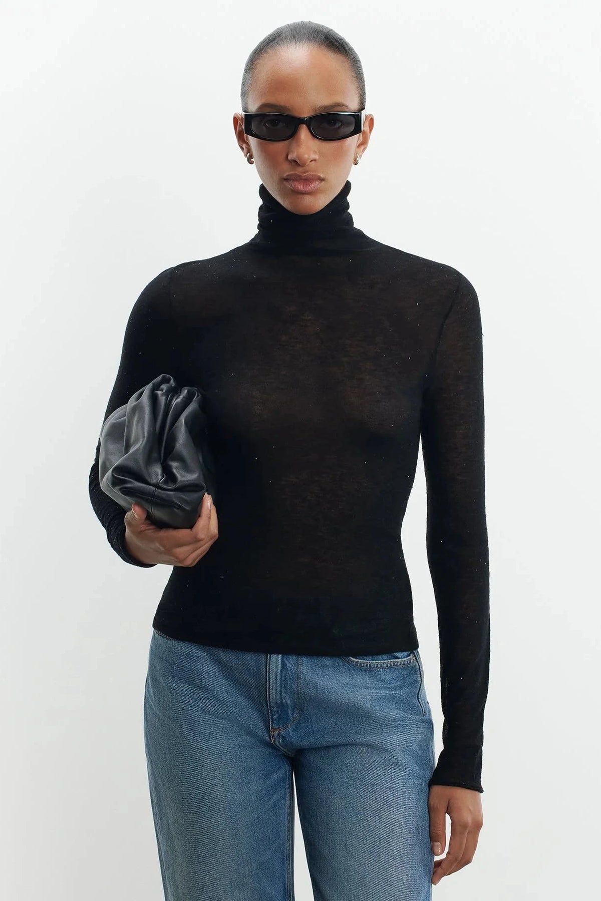 Majestic Filatures Lightweight Wool Sequin Knit Long-Sleeve Sweater Black