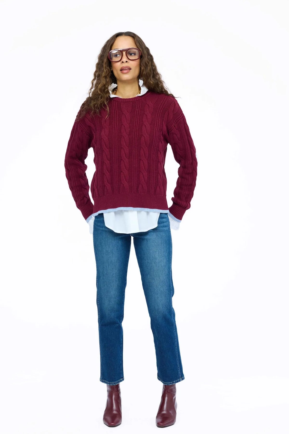 Kerri Rosenthal Maxwork Cable Pullover Sweater Burgundy
