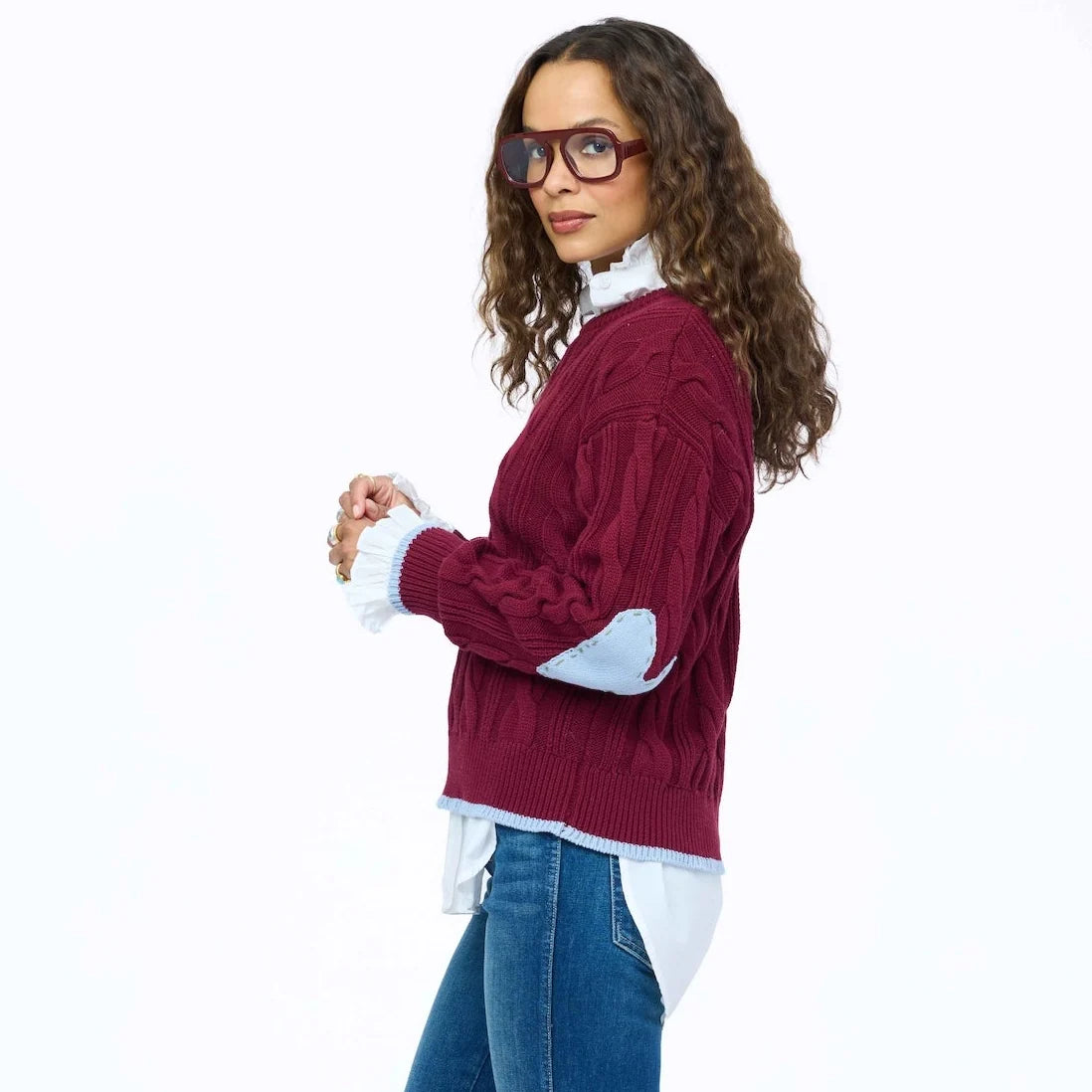 Kerri Rosenthal Maxwork Cable Pullover Sweater Burgundy