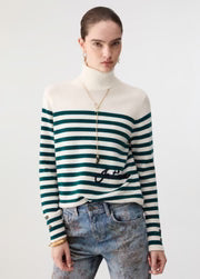 Liu Jo White Striped Turtleneck Sweater with Embroidery - Bco Lana Green