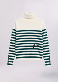 Liu Jo White Striped Turtleneck Sweater with Embroidery - Bco Lana Green