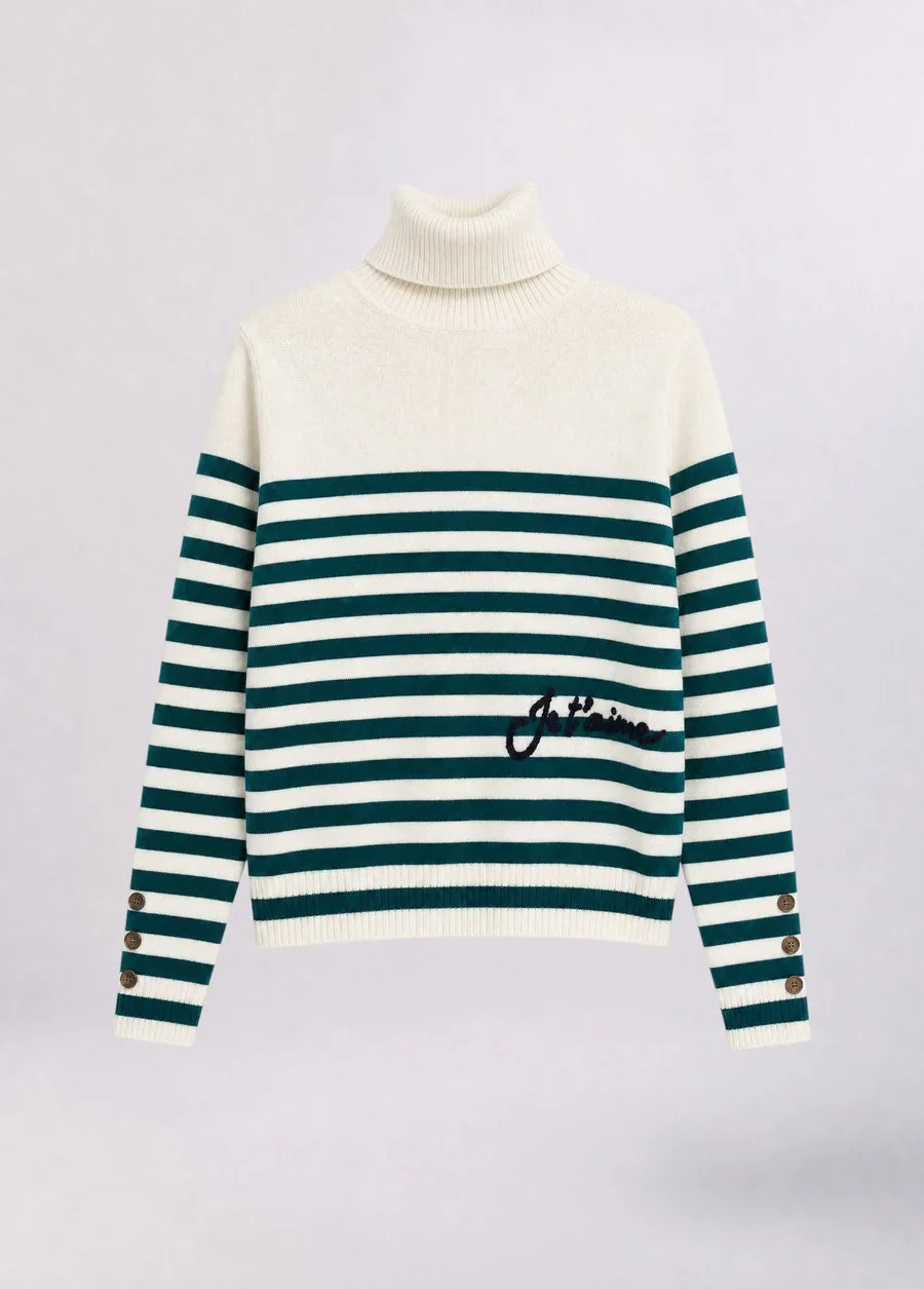 Liu Jo White Striped Turtleneck Sweater with Embroidery - Bco Lana Green