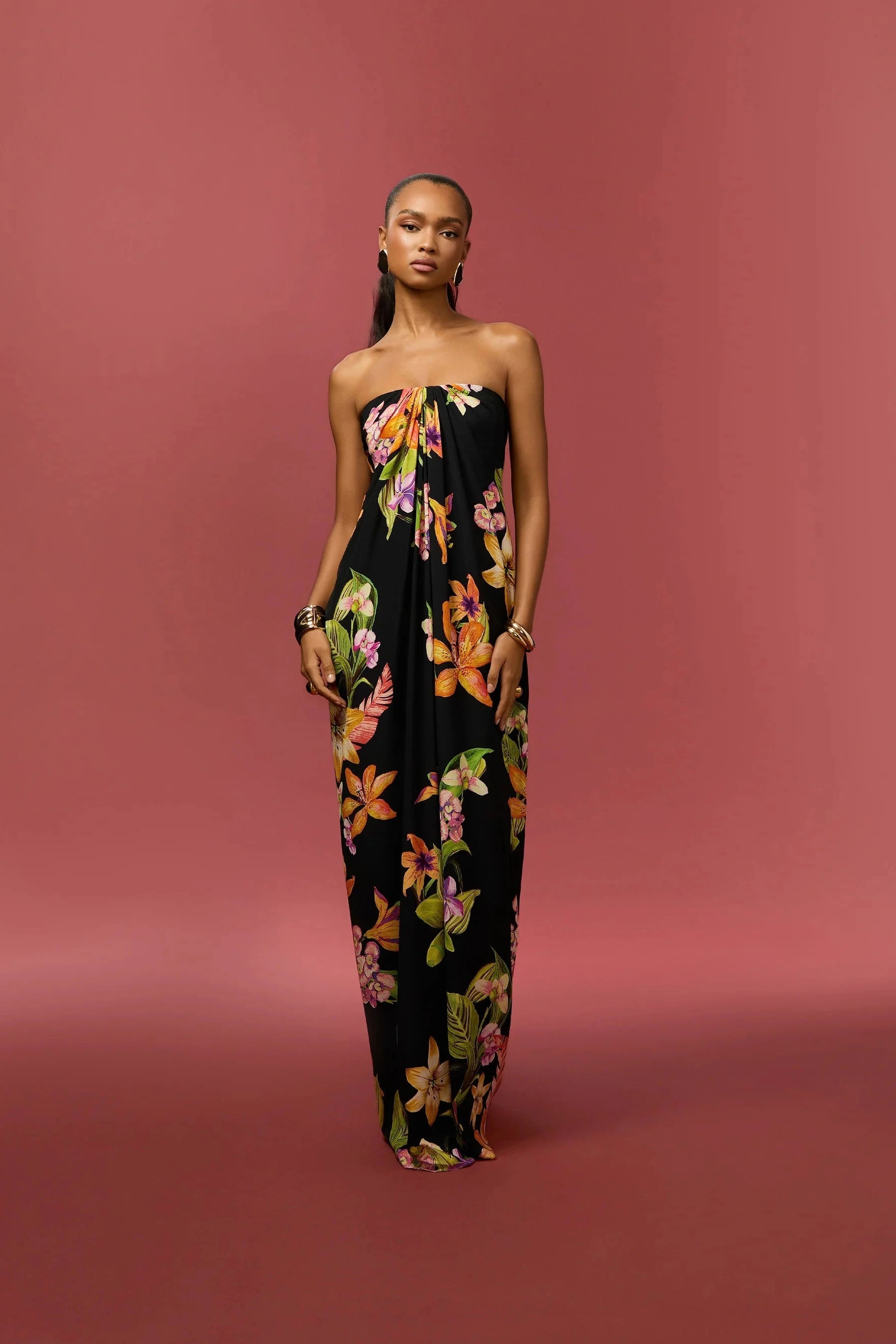 Rococo Sand Robe Maxi Drapée Sans Bretelles en Crêpe de Viscose Noir