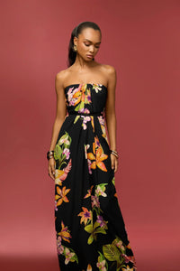 Rococo Sand Robe Maxi Drapée Sans Bretelles en Crêpe de Viscose Noir